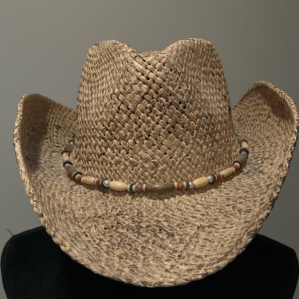 Tan Straw Cowboy Hat with Beaded Band - Picture 2 of 5
